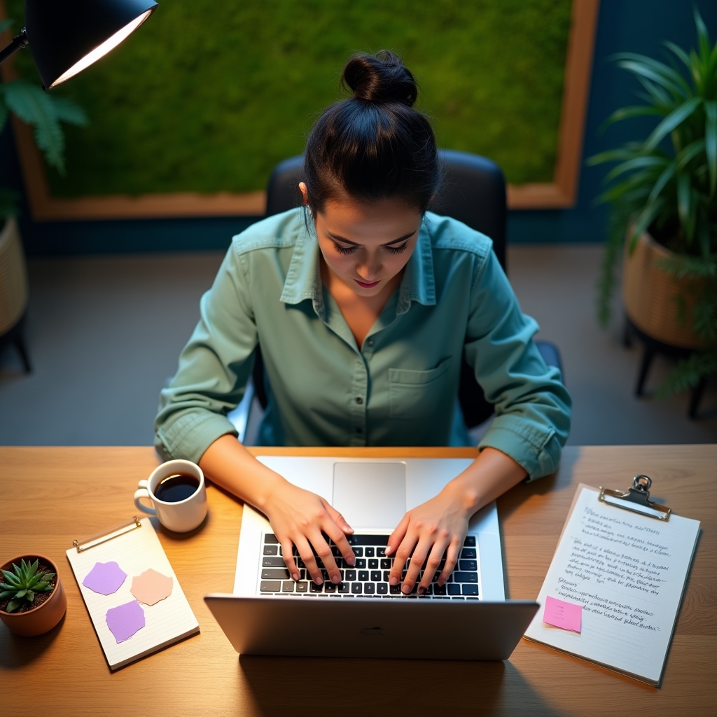 Lucrător independent concentrat la laptop în spațiu de lucru modern